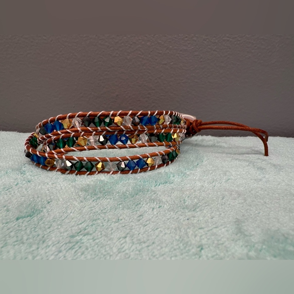 Elegant Beaded Leather Wrap Bracelet with Blue and Gold Accents